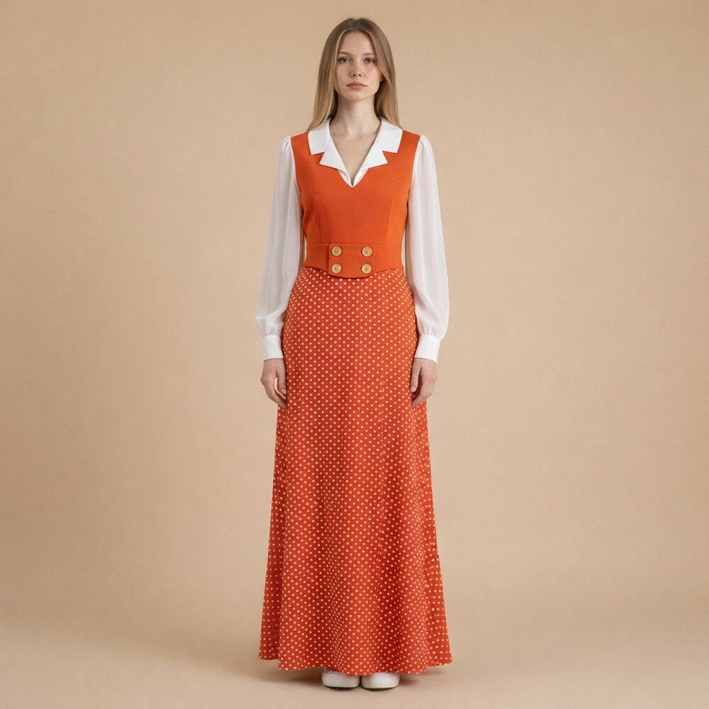 Patricia Fair Vintage 1970s Orange Polka Dot Maxi Dress –‎ S/M